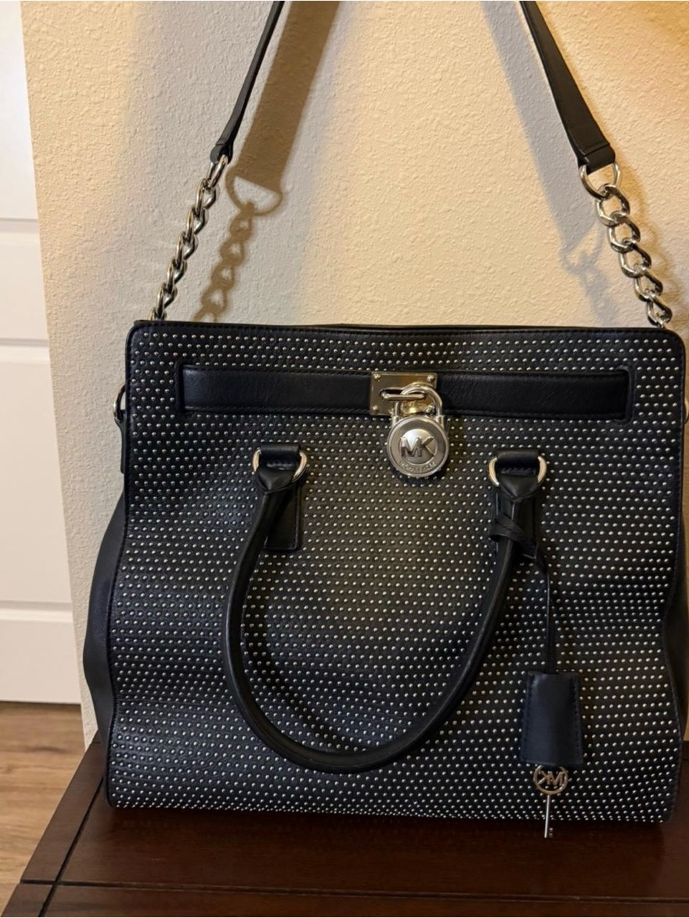AUTHENTIC Michael Kors Black Studded Satchel with silver Hardware (Hamilton)